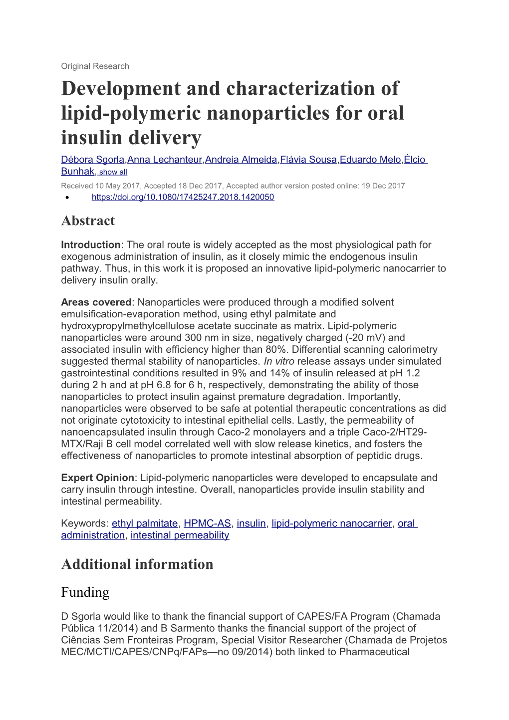 Development and Characterization of Lipid-Polymeric Nanoparticles for Oral Insulin Delivery