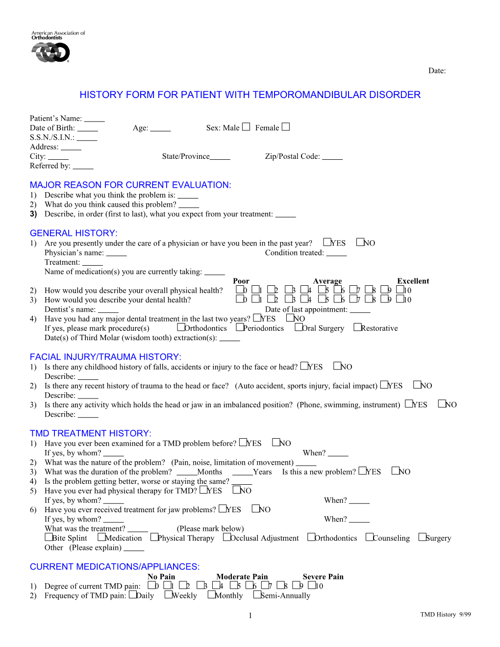 TMJ Patient History Form