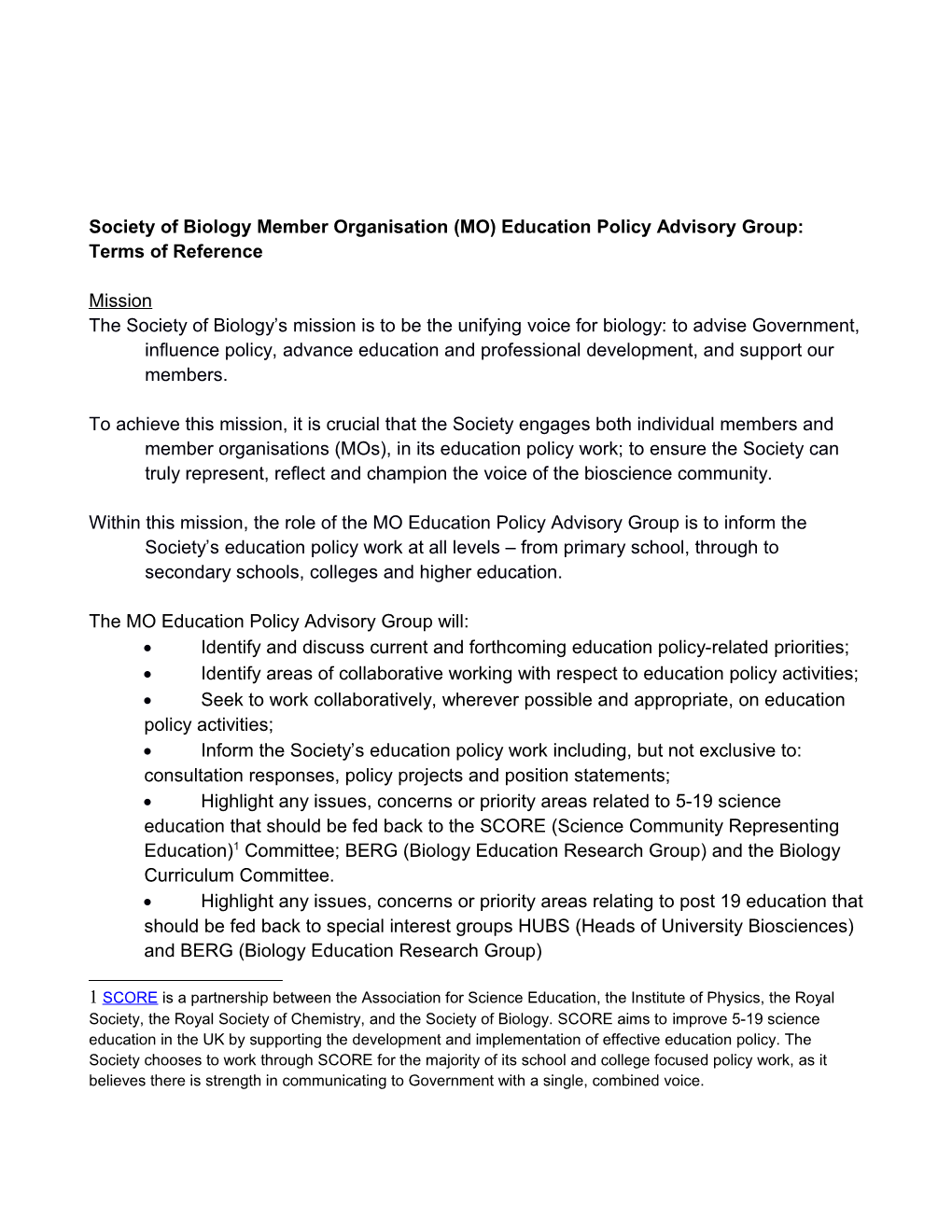 Society of Biology Member Organisation (MO) Education Policy Advisory Group: Terms Of