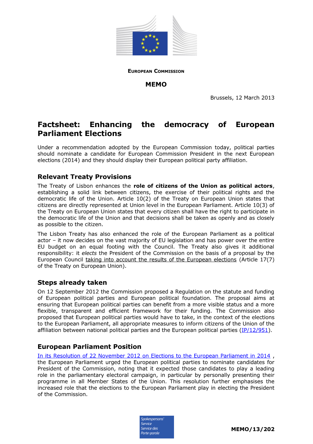 Factsheet: Enhancing the Democracy of European Parliament Elections