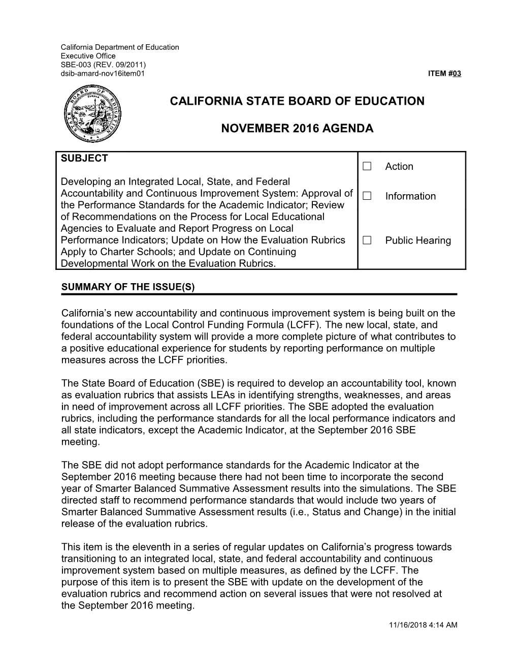 November 2016 Agenda Item 03 - Meeting Agendas (CA State Board of Education)