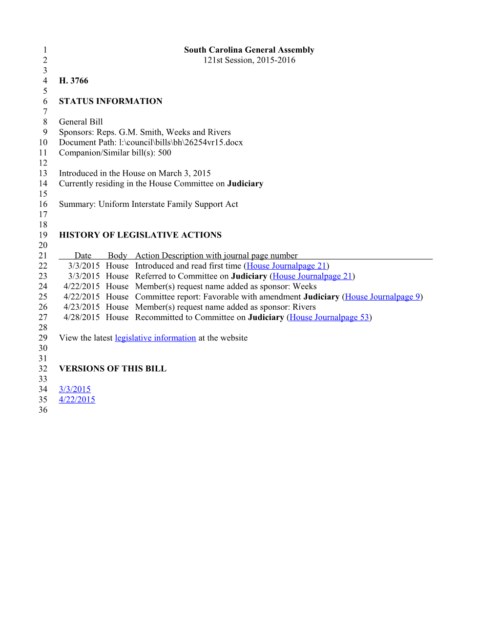 2015-2016 Bill 3766: Uniform Interstate Family Support Act - South Carolina Legislature Online