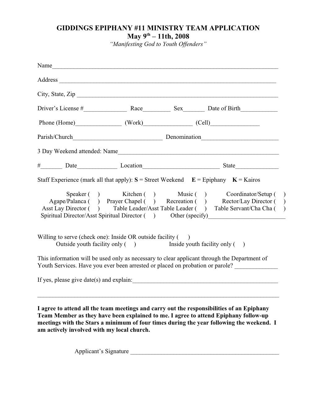 Epiphany Ministry Team Application