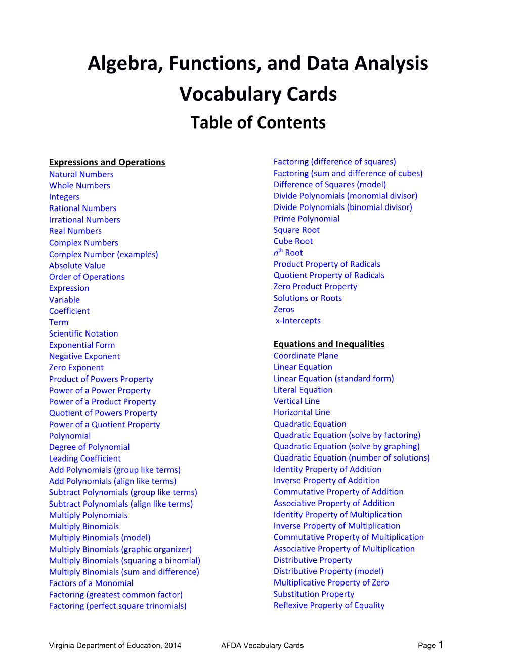 Algebra Vocabulary Word Wall Cards