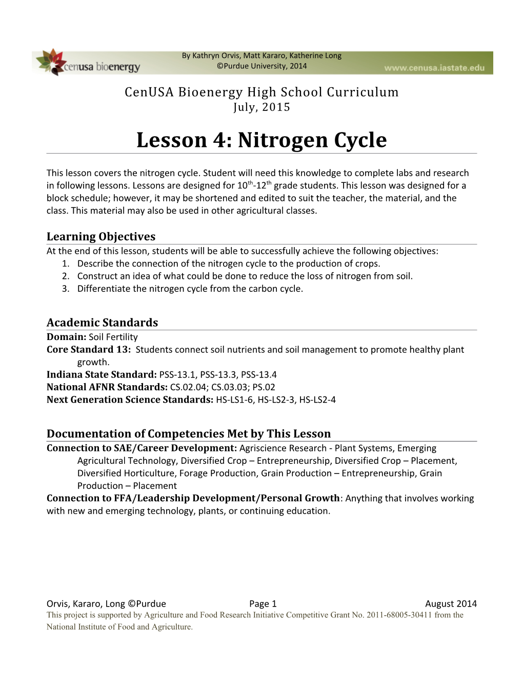 Cenusa Bioenergy High School Curriculumjuly, 2015