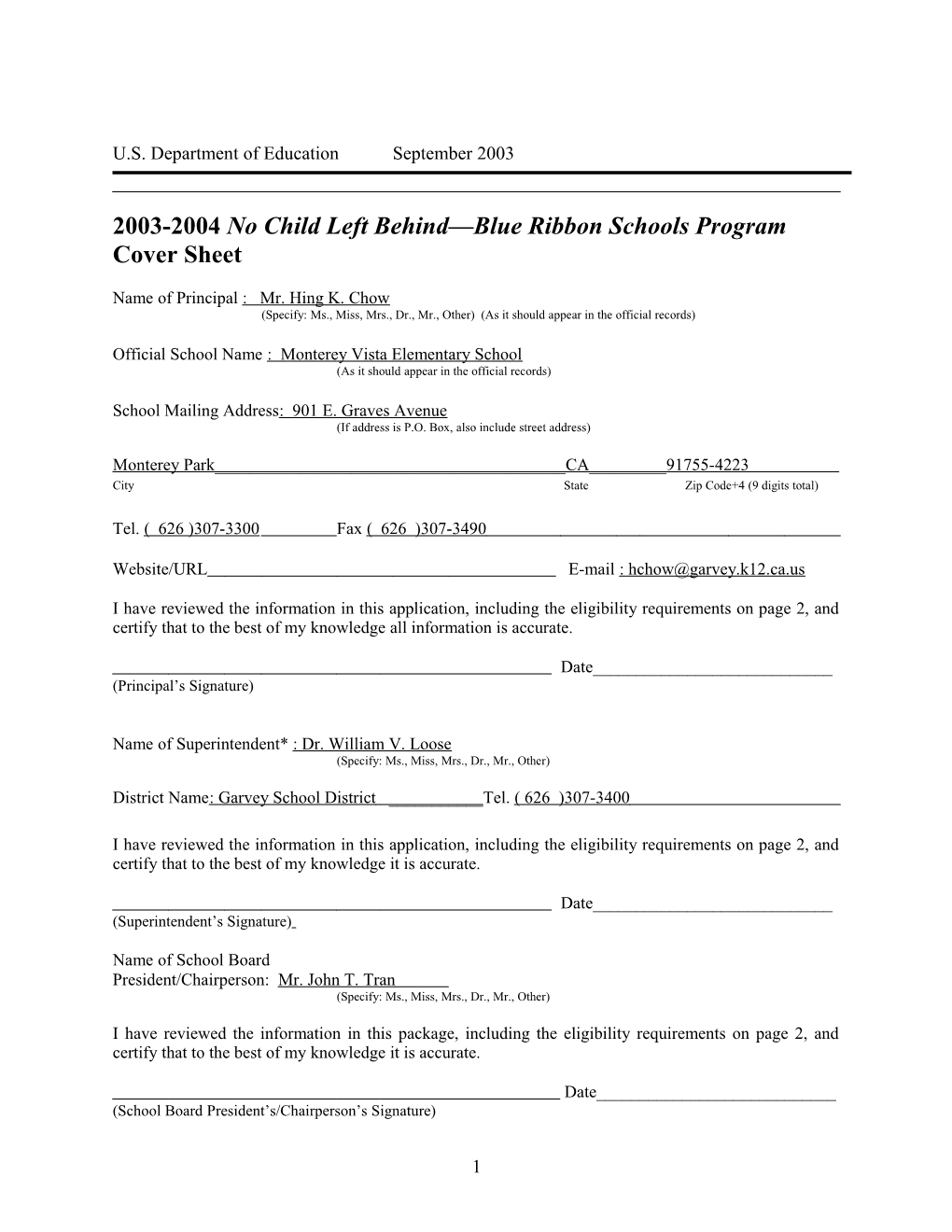 Monterey Vista Elementary School 2004 No Child Left Behind-Blue Ribbon School Application