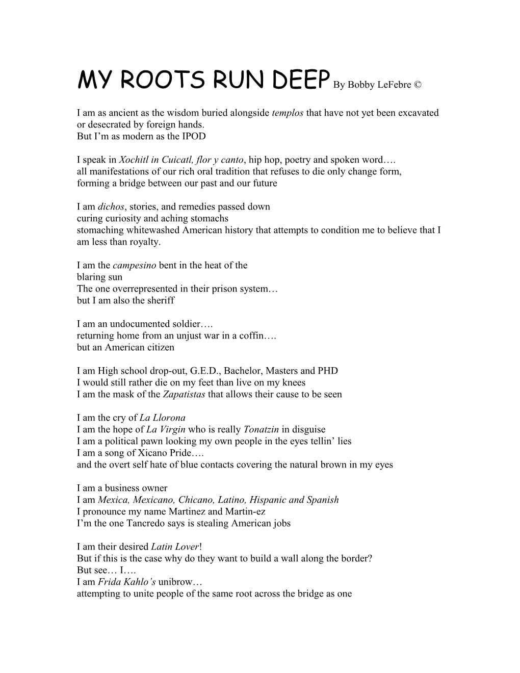 MY ROOTS RUN DEEP by Bobby Lefebre