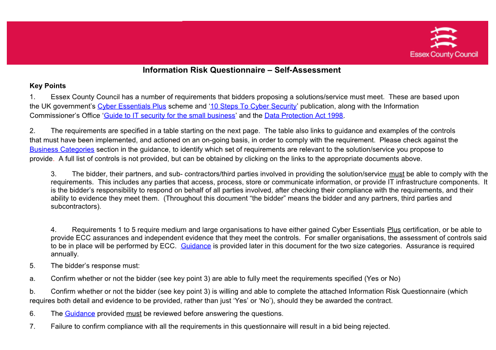 Information Risk Questionnaire - Self Assessment