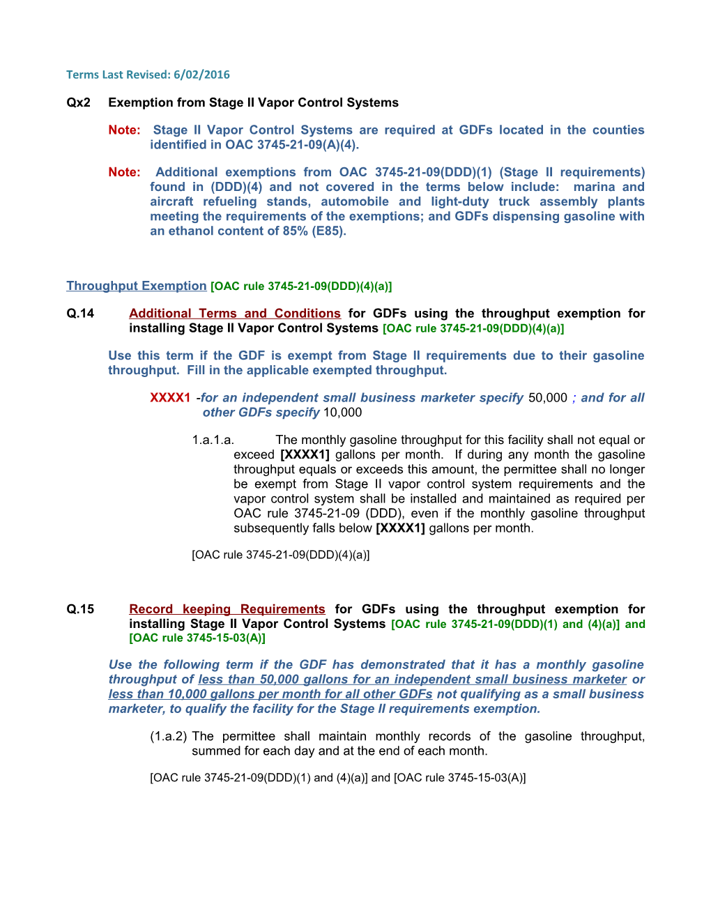 Qx2exemption from Stage II Vapor Control Systems