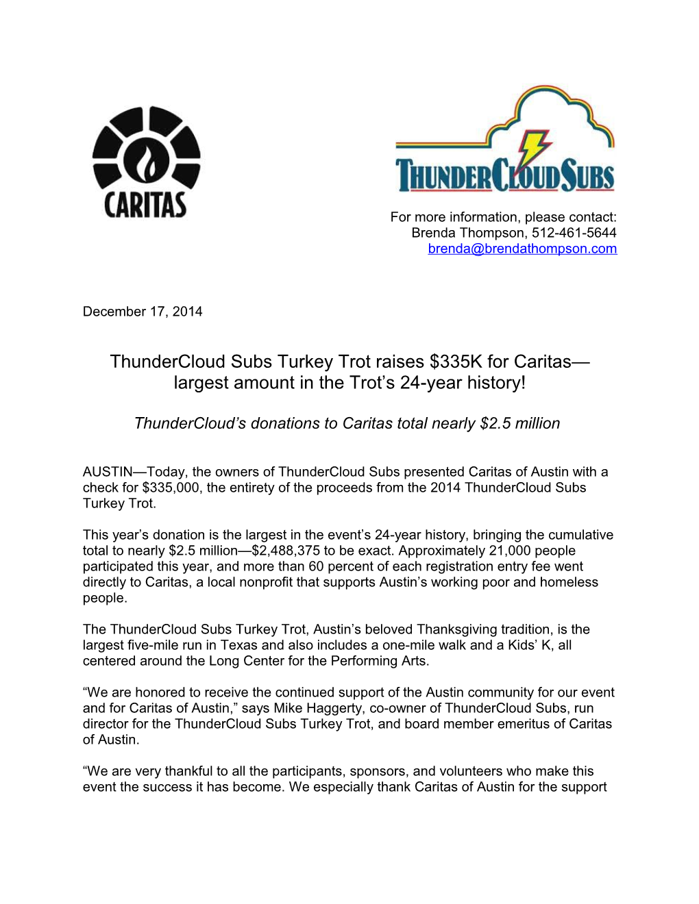 Thundercloud Subs Turkey Trot Raises $335K for Caritas