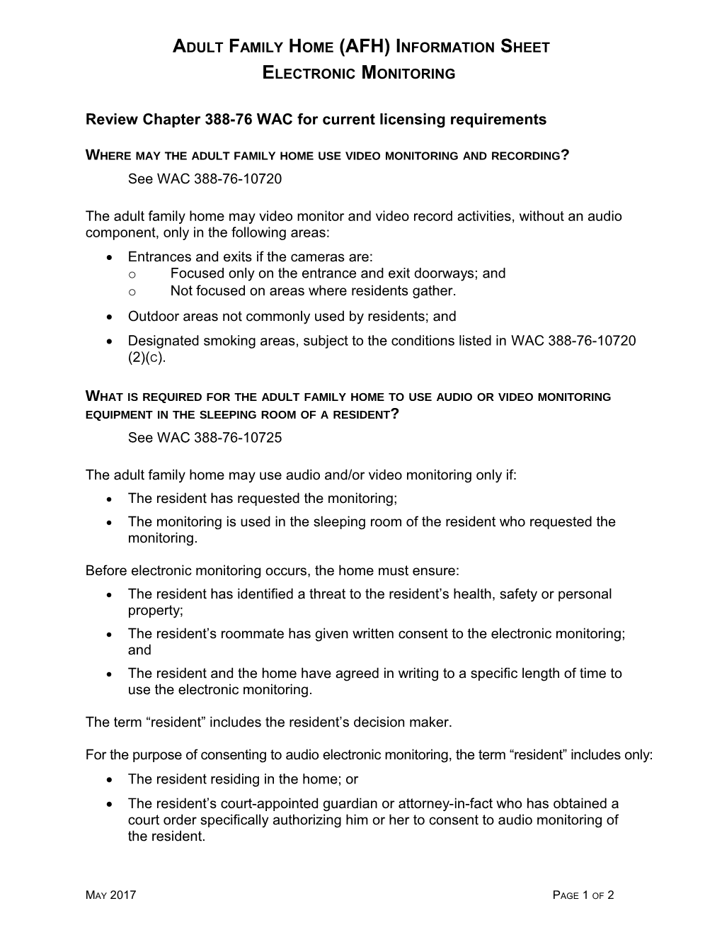 Adult Family Home Electronic Monitoring Information Sheet