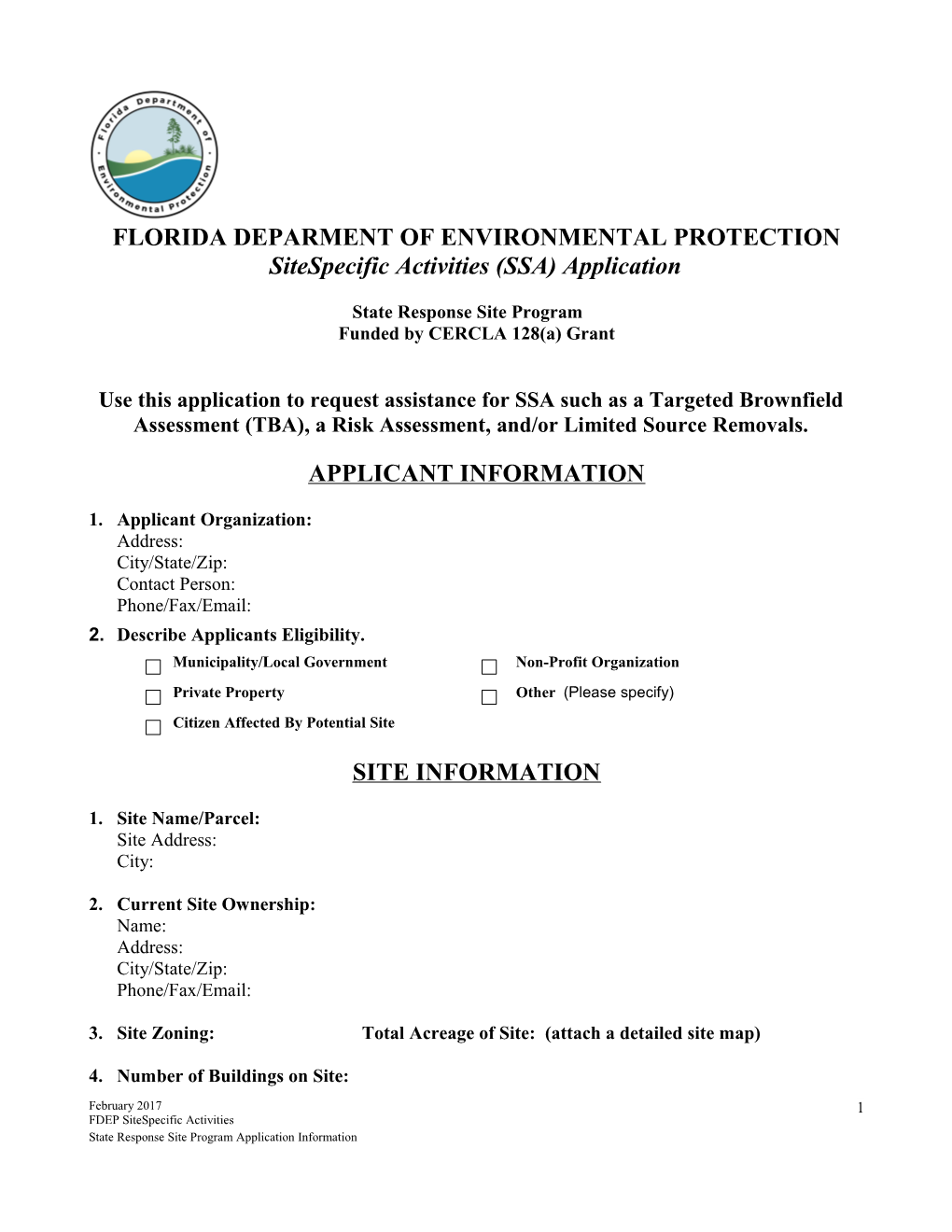 Site-Specific Activities (SSA) Application State Response Site Program - Brownfield - Florida