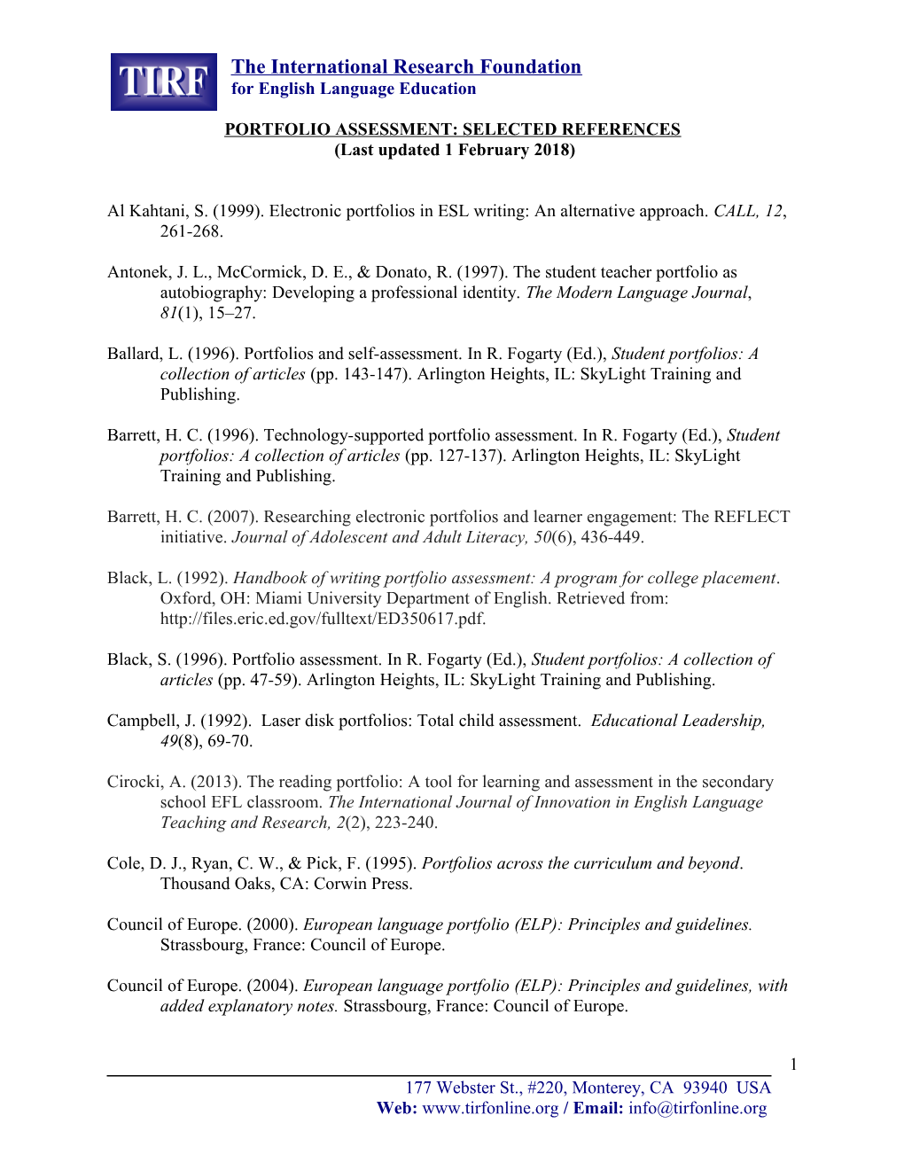 Selected References on Portfolio Assessment