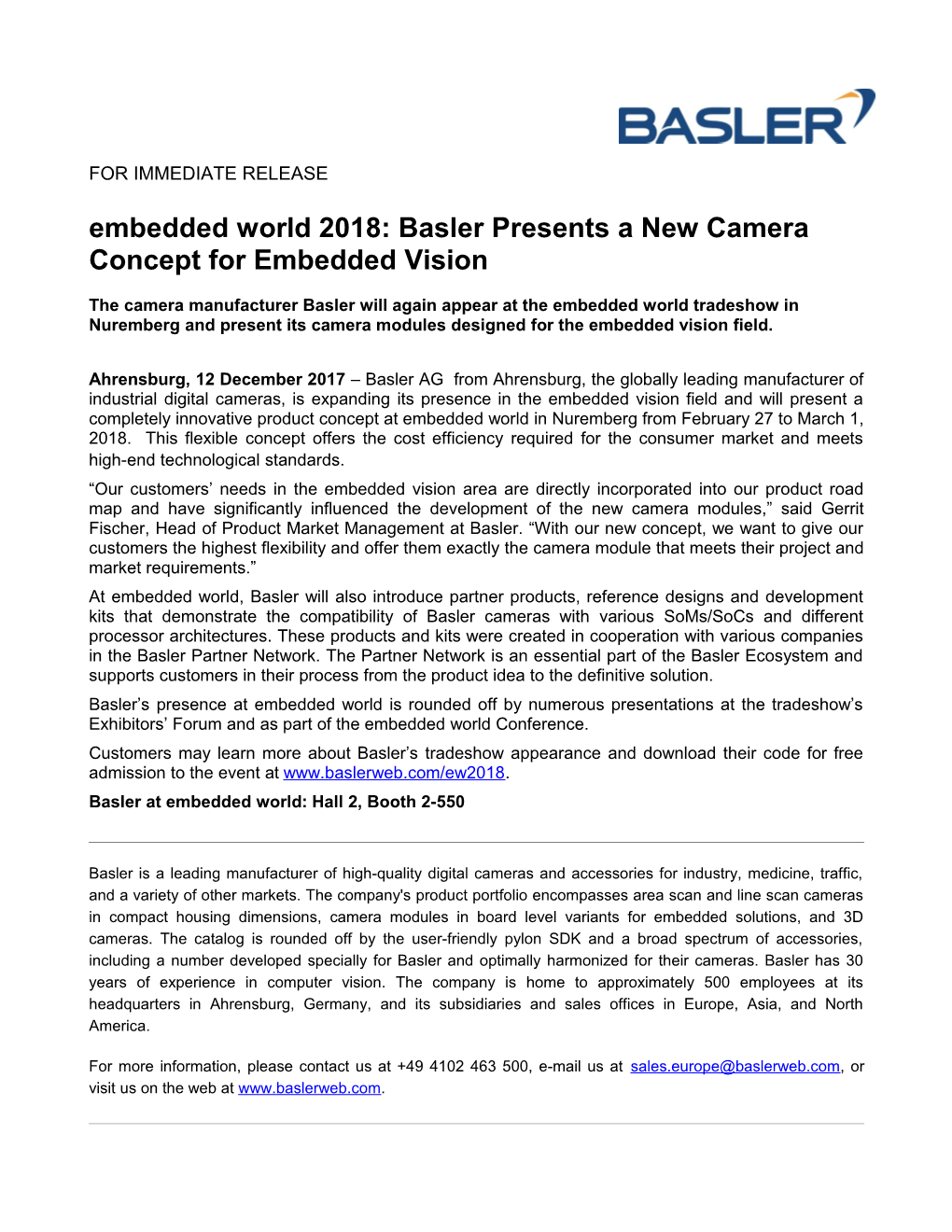 Embedded World 2018: Basler Presents a New Camera Concept for Embedded Vision