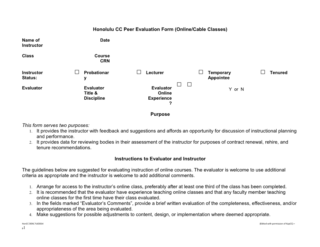 Honolulu CC Peer Evaluation Form (Online/Cable Classes)