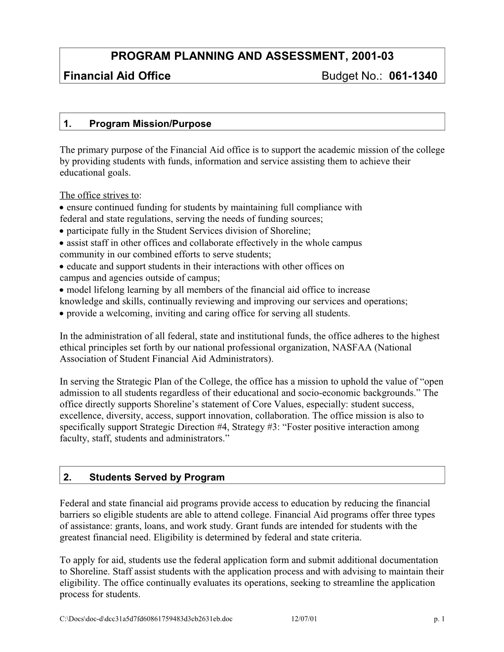 Program Planning and Assessment, 2001-03