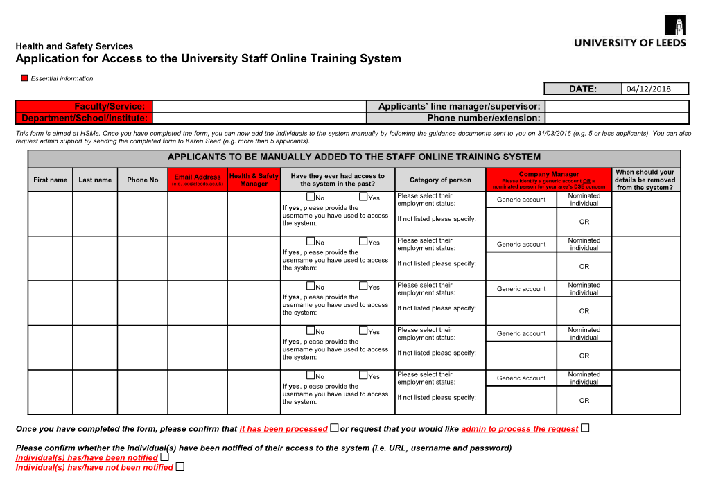 Application for Access to the University Staff Online Training System