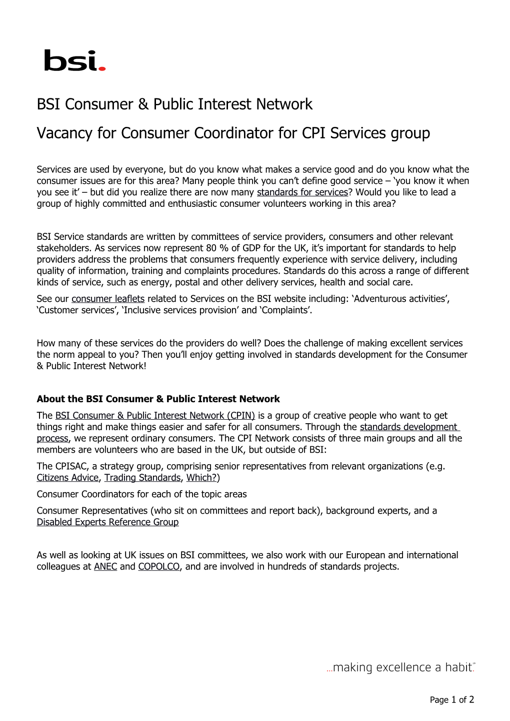 Vacancy for Consumer Coordinator for CPI Services Group