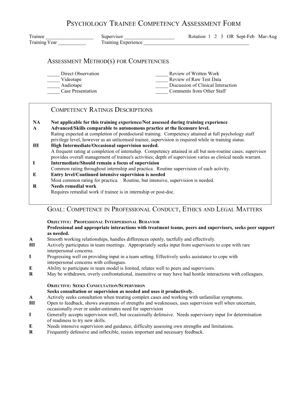 Psychology Intern Evaluation Form