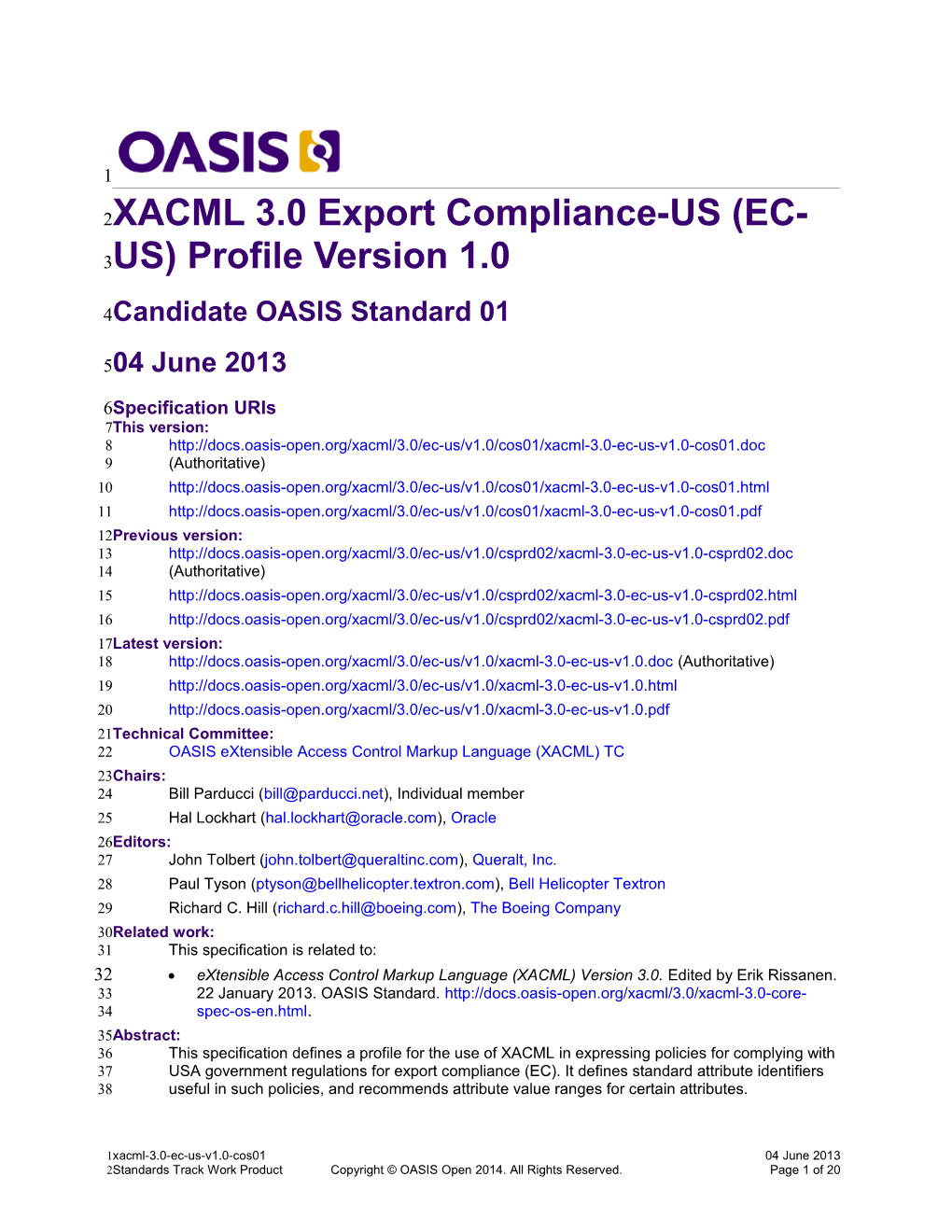 XACML 3.0 Export Compliance-US (EC-US) Profile Version 1.0