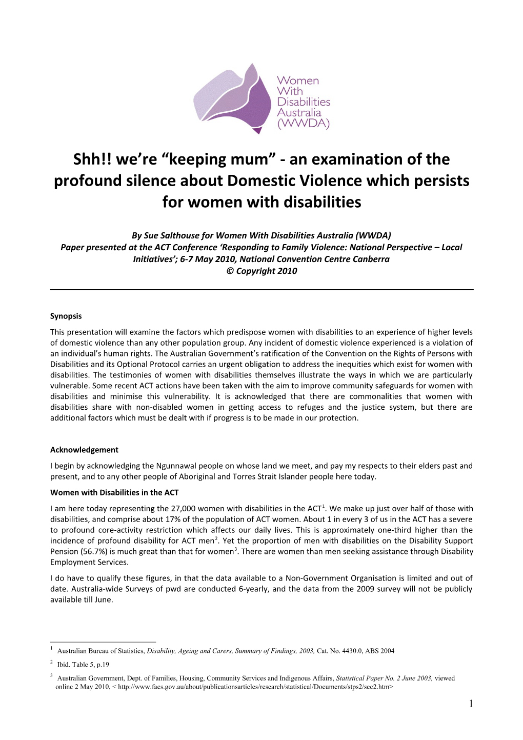 By Sue Salthouse for Women with Disabilities Australia (WWDA)