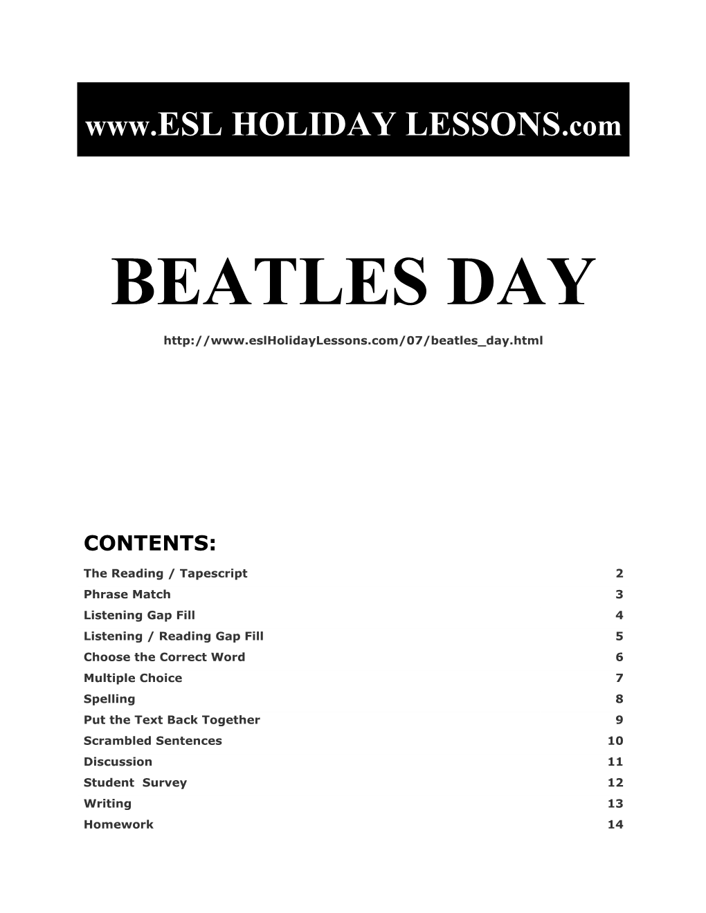 Holiday Lessons - BEATLES DAY