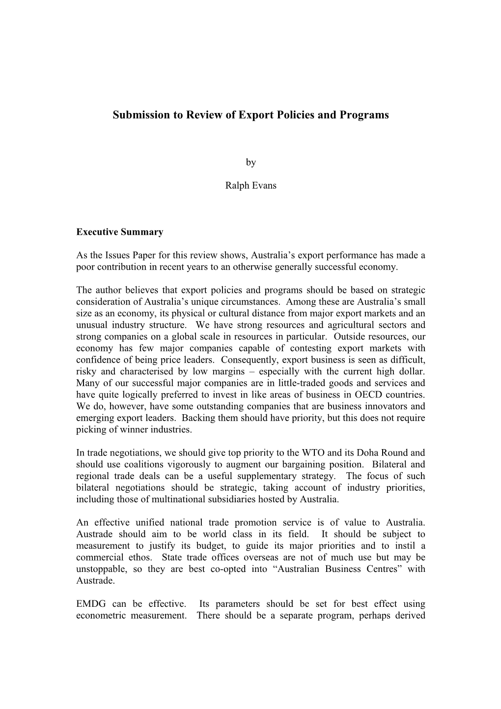 Submission to Review of Export Policies and Programs