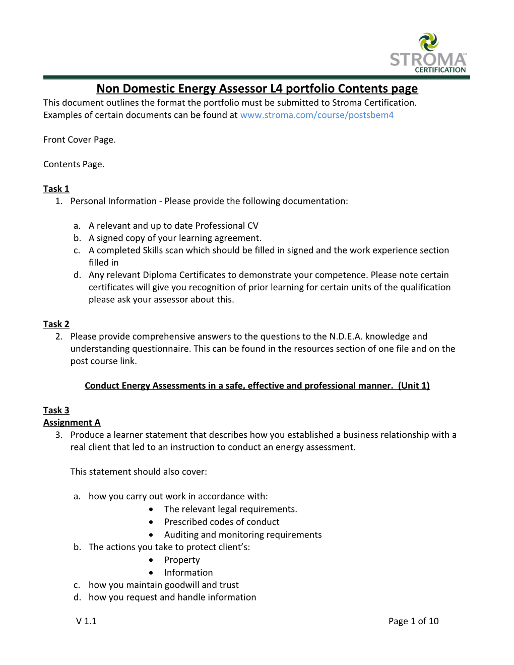 Non Domestic Energy Assessor L4 Portfolio Contents Page