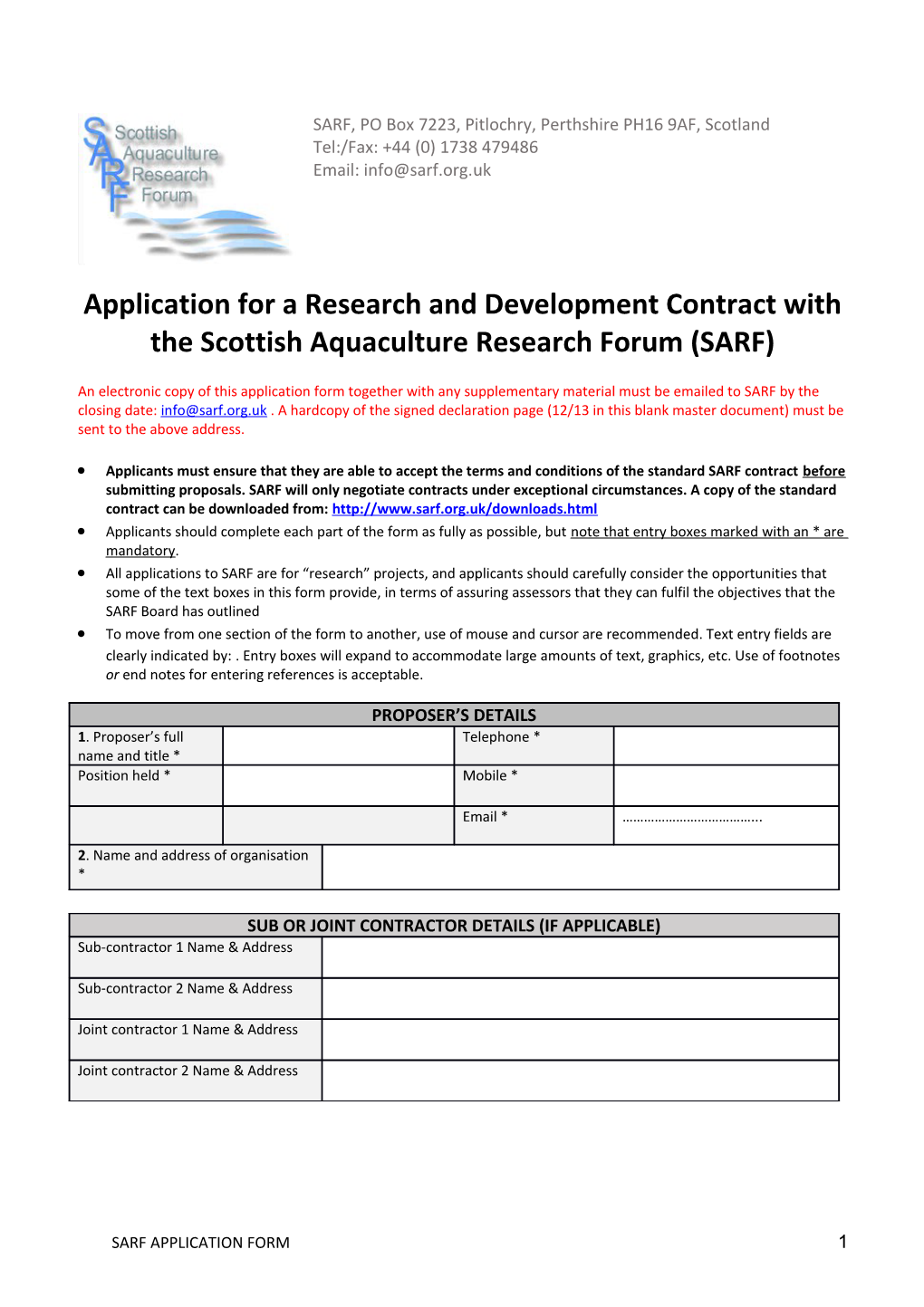 Application for a Research and Development Contract with the Scottish Aquaculture Research