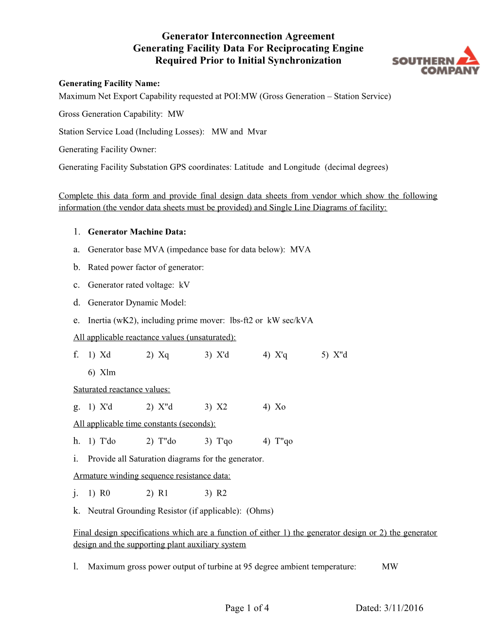 Generating Facility Data for Reciprocating Engine