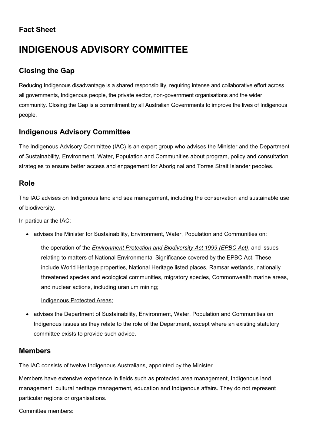 Indigenous Advisory Committee Fact Sheet