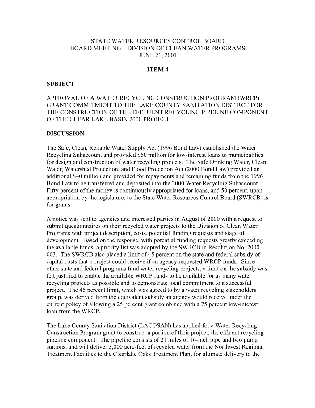 Lake County San. Dist/Wtr Recycling Const. Grant