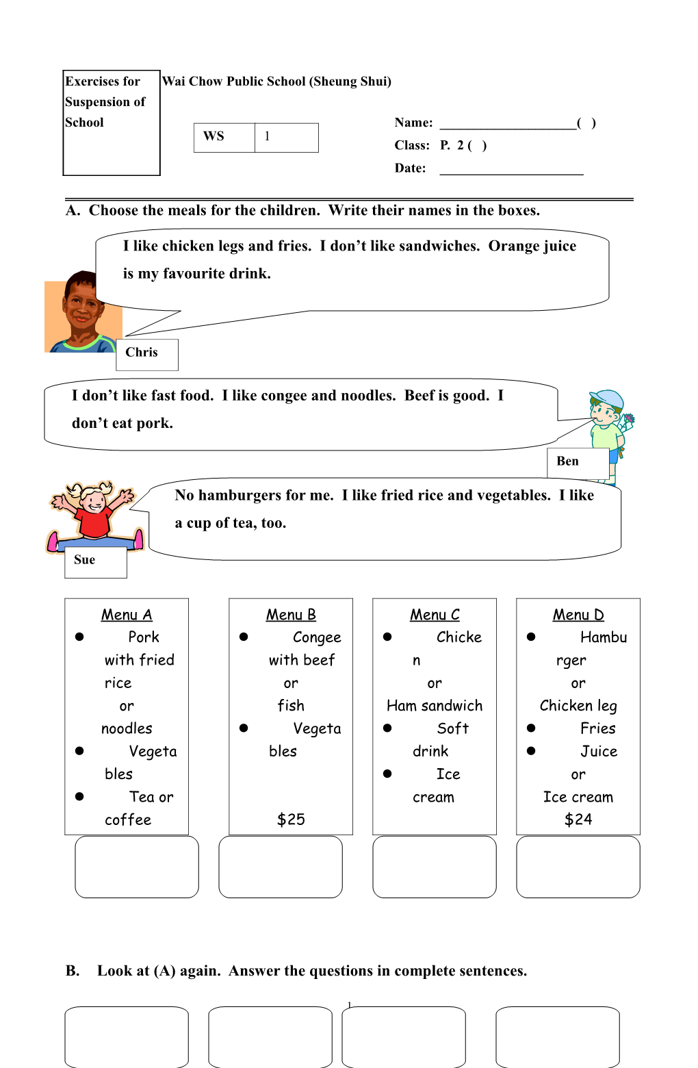 A. Choose the Meals for the Children. Write Their Names in the Boxes