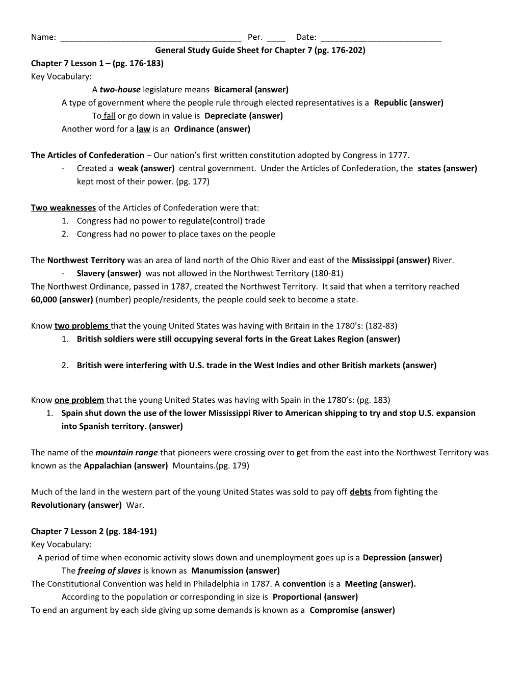 General Study Guide Sheet for Chapter 7 (Pg. 176-202)