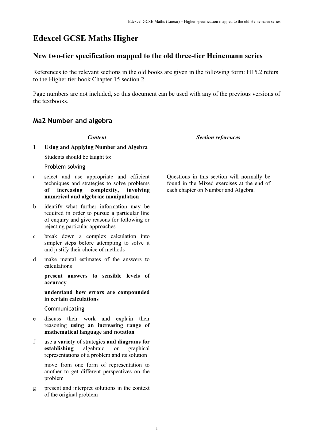 Edexcel GCSE Maths (Linear) Higher Specification Mapped to the Old Heinemann Series