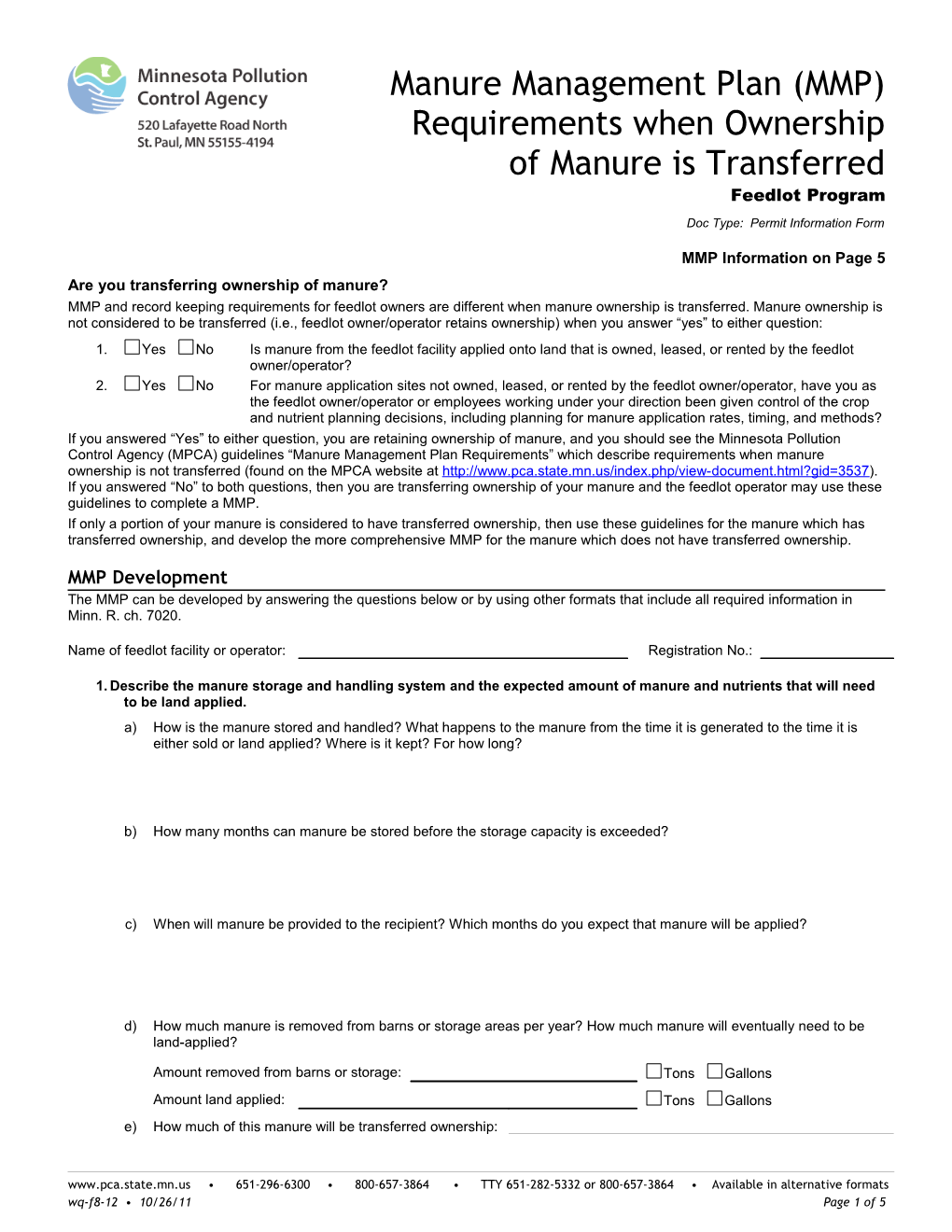 Manure Management Plan (MMP) Requirements When Ownership of Manure Is Transferred - Form