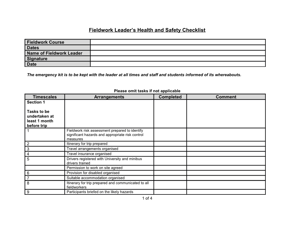 Fieldwork Health & Safety Checklist