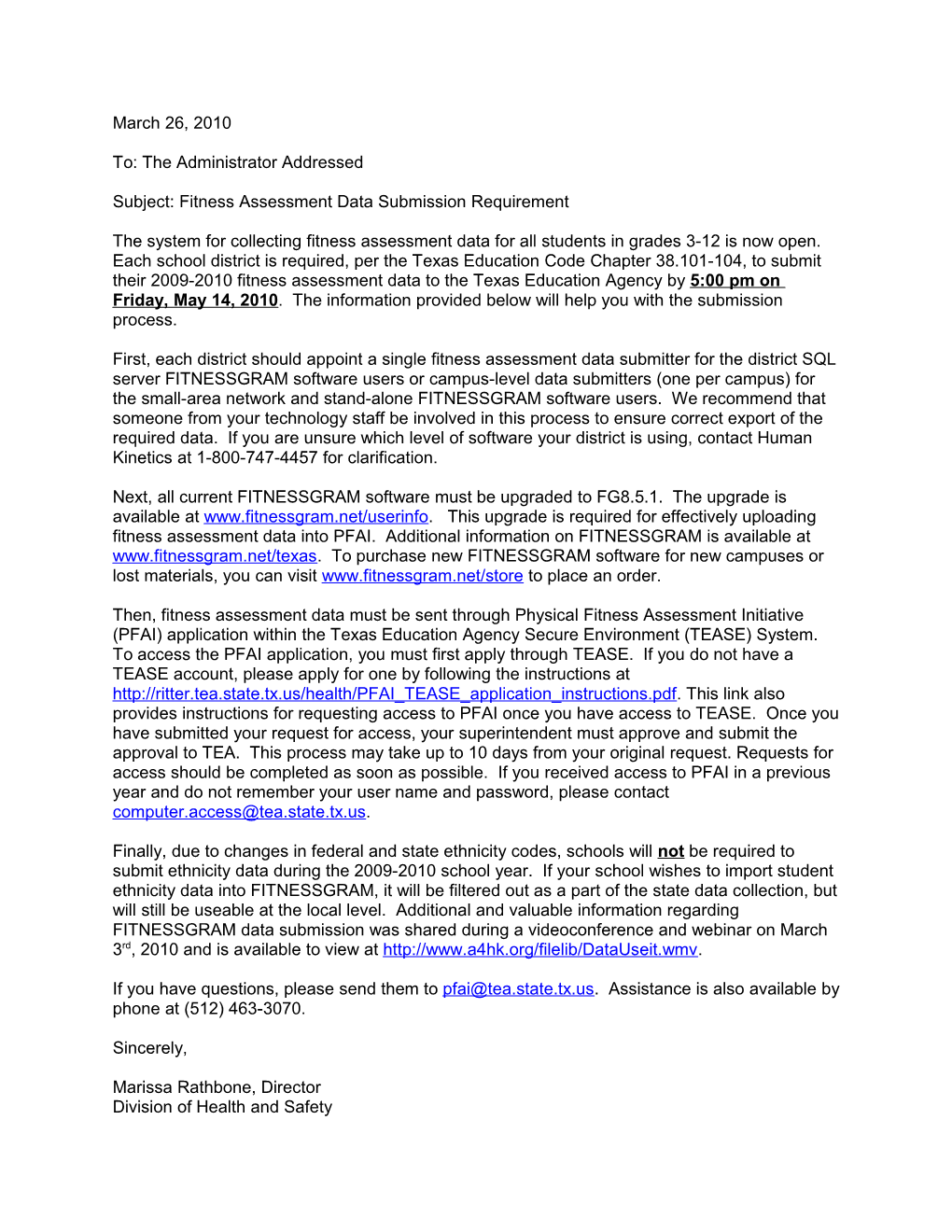 Subject: Fitness Assessment Data Submission Requirement