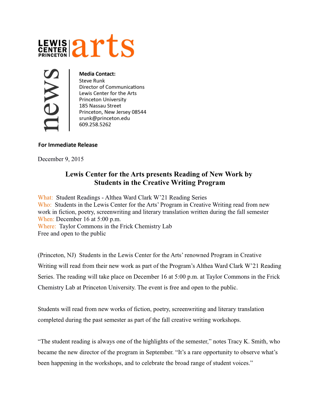 Lewis Center for the Arts Presents Reading of New Work By