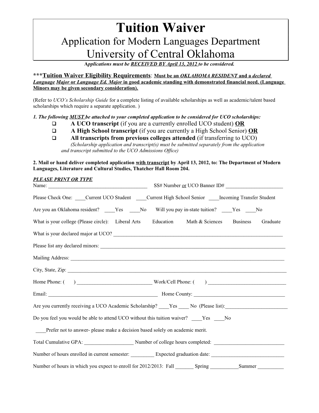 General Academic Scholarship Application