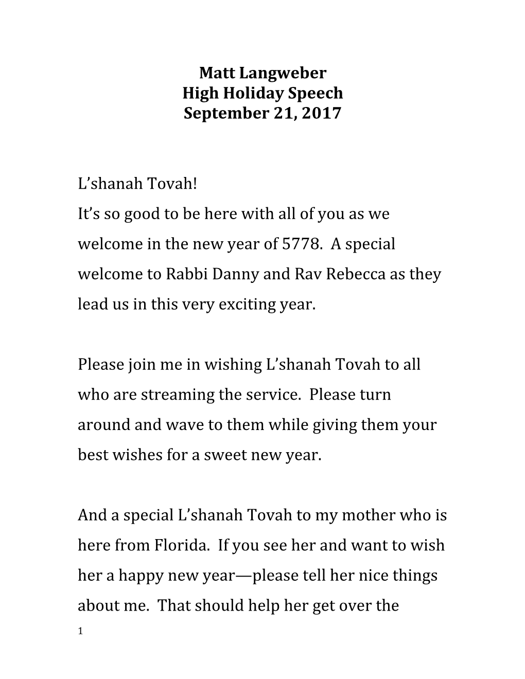 High Holiday Speech