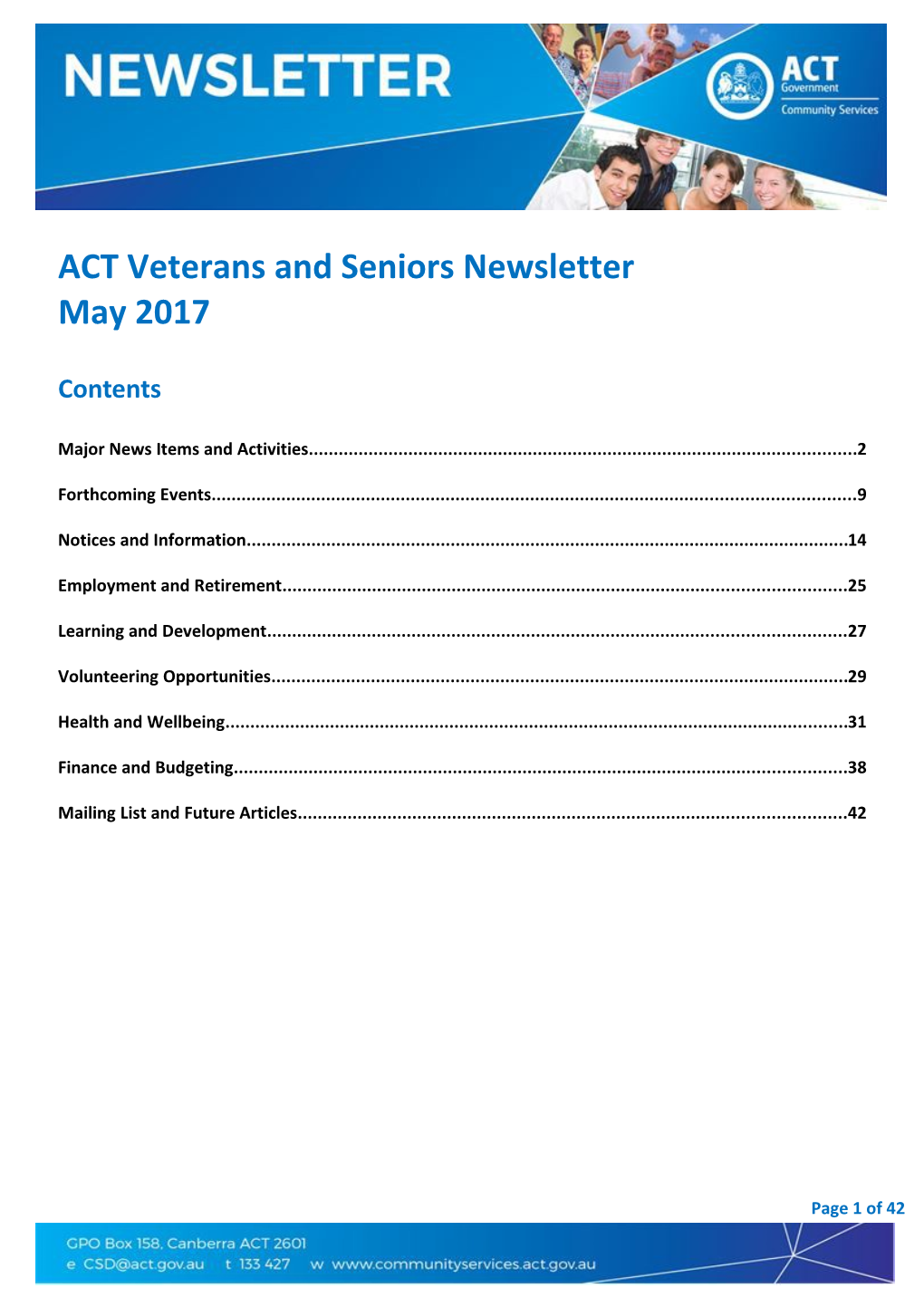 ACT Veterans and Seniors Newsletter May 2017