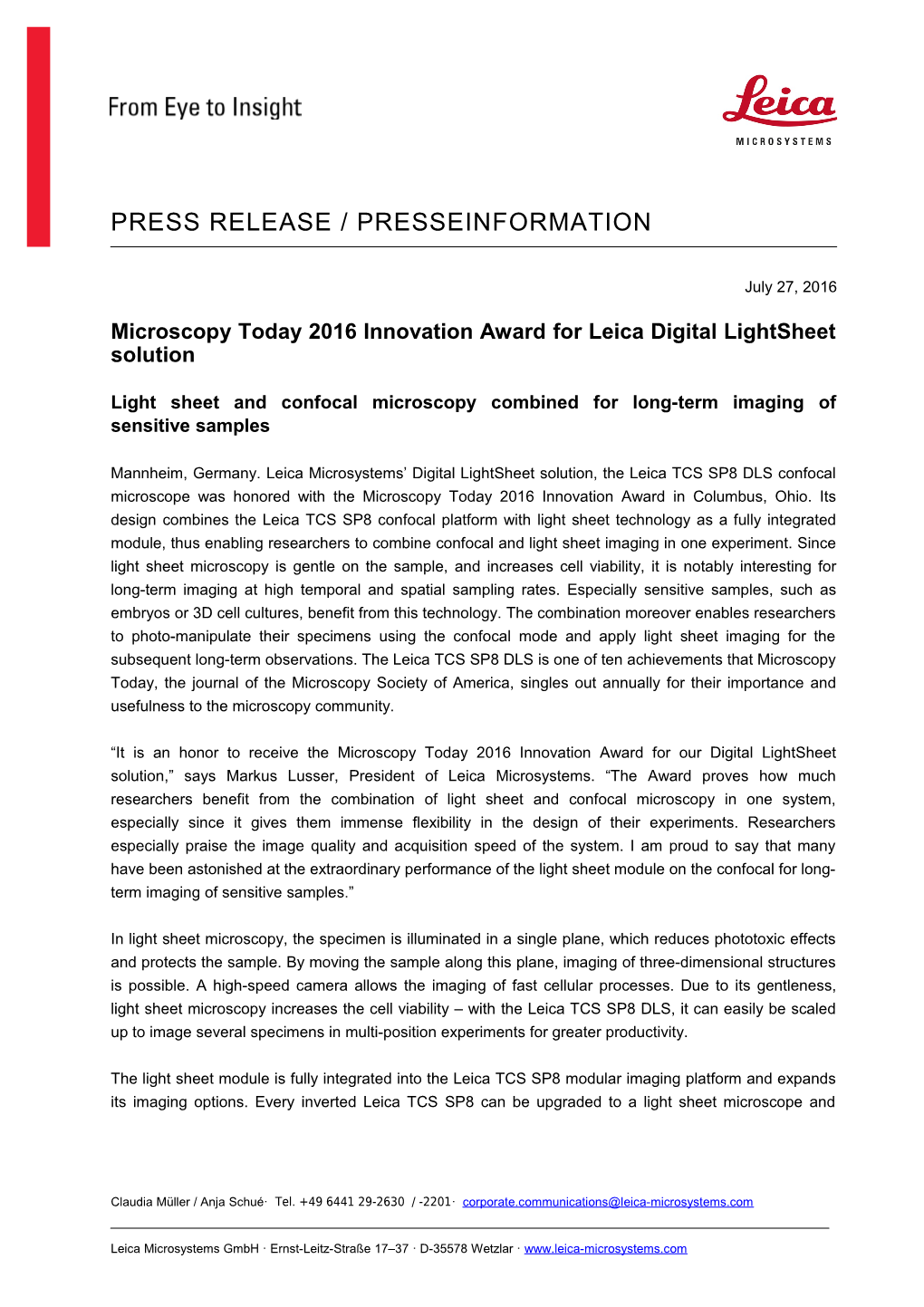 Microscopy Today 2016 Innovation Award for Leica Digital Lightsheet Solution