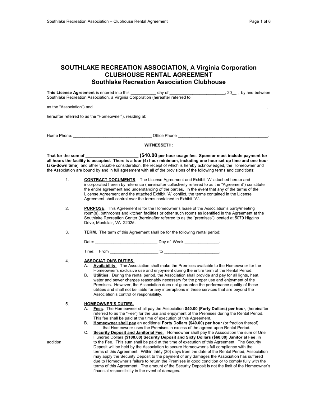 Southlake Recreation Association, a Virginia Corporation