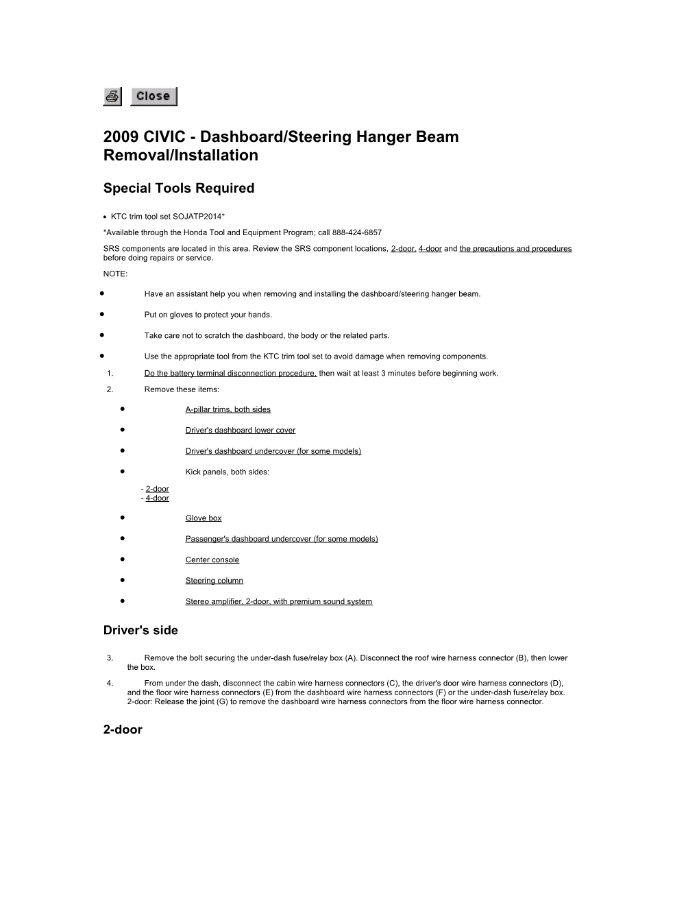 2009 CIVIC - Dashboard/Steering Hanger Beam Removal/Installation