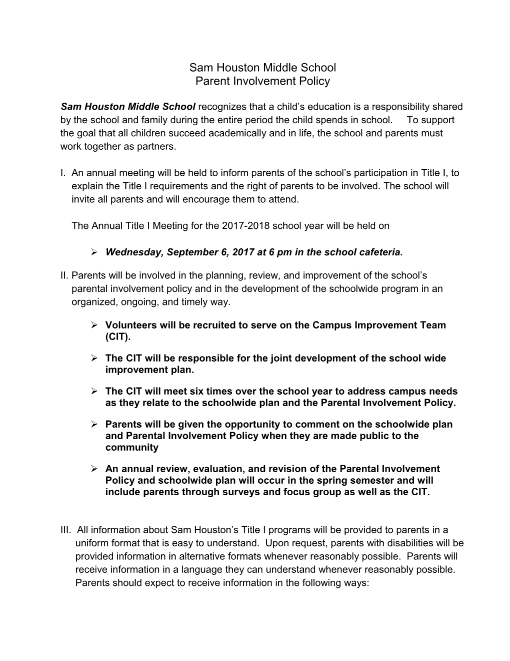 School Parental Involvement Policy