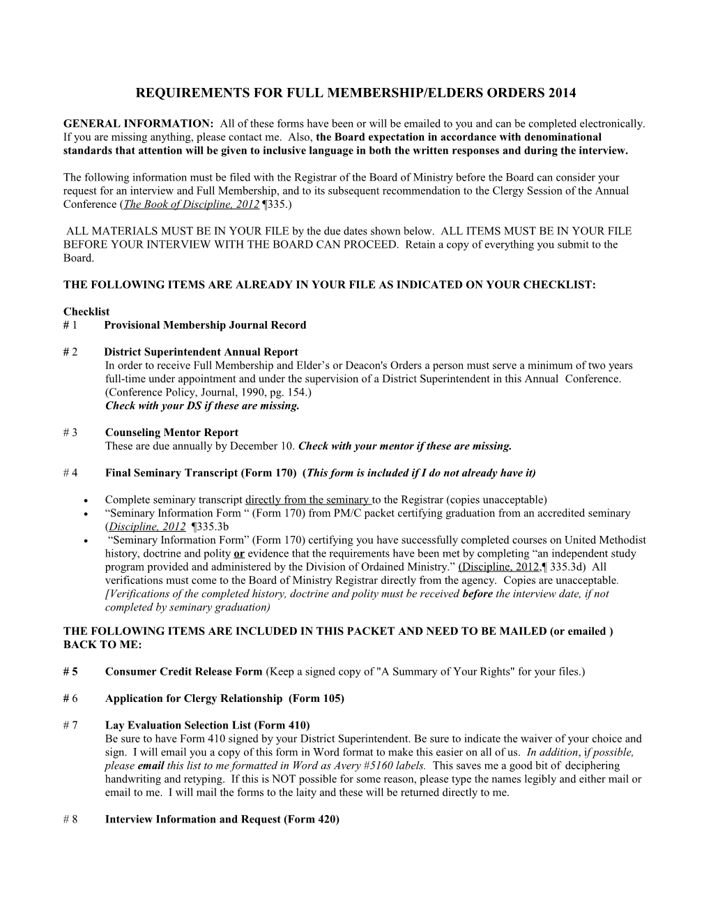 Requirements for Full Membership/Elders Orders 2004