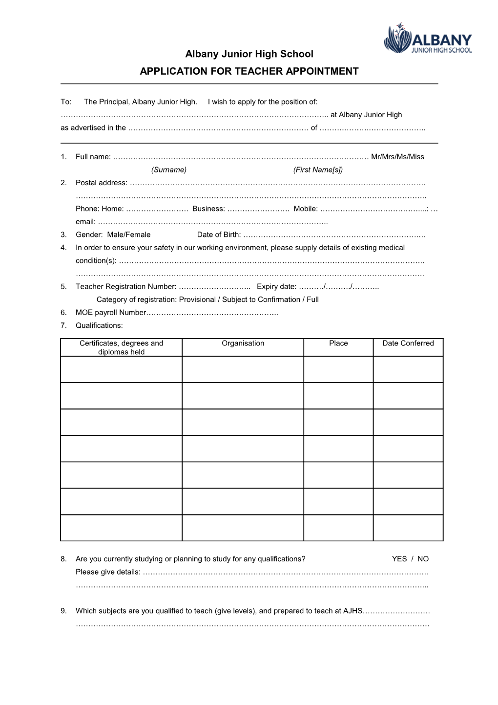 Application for Teacher Appointment
