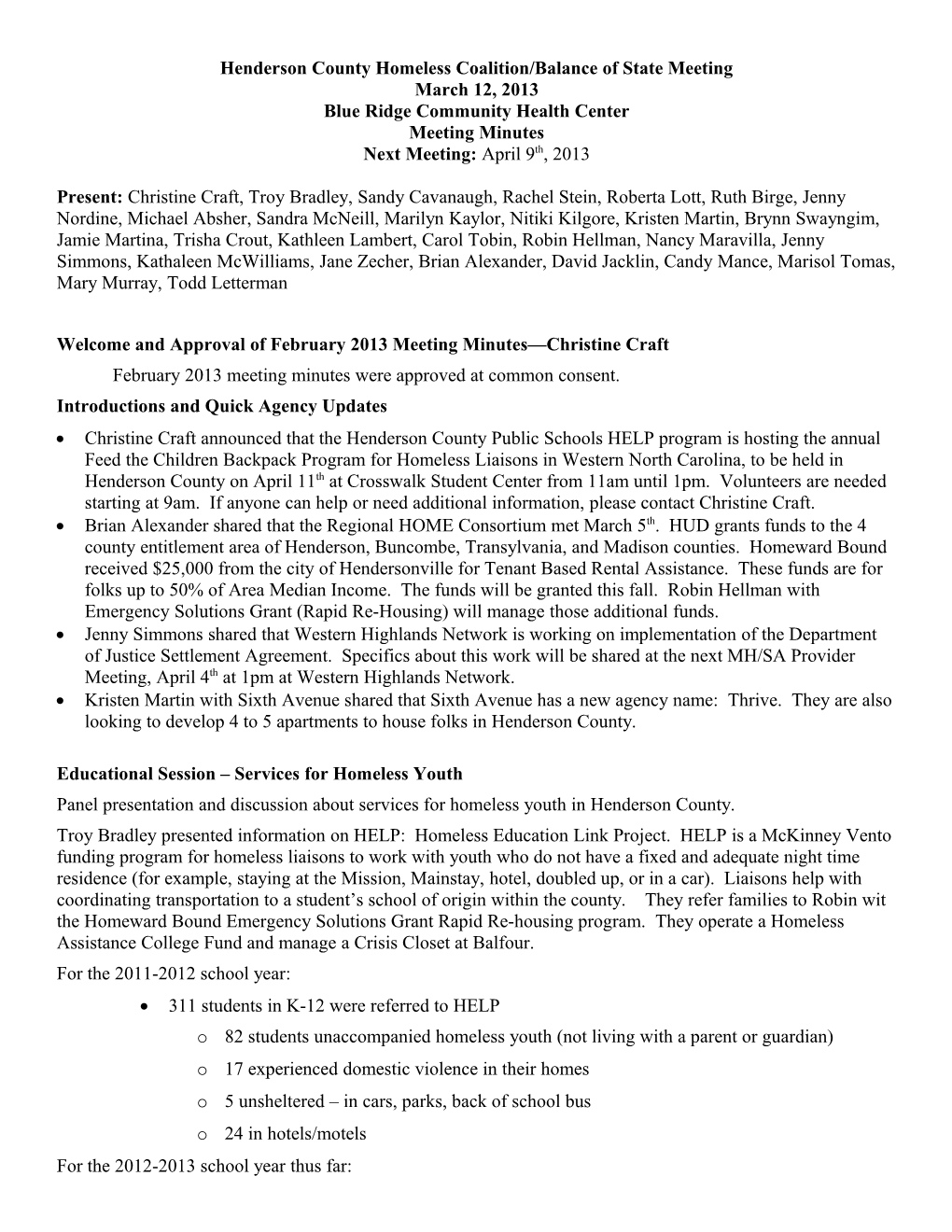 Henderson County Homeless Coalition/Balance of State Meeting