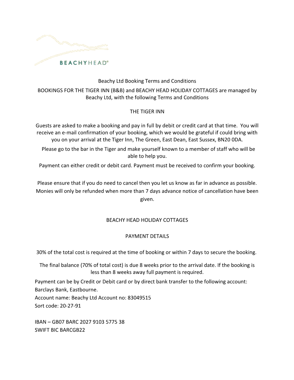 Beachy Ltd Booking Terms and Conditions